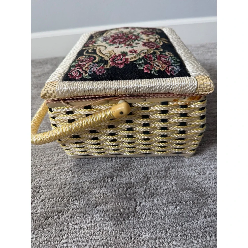 Vintage Wicker Sewing Basket Floral Tapestry Padded Lid Woven Craft Box Gold